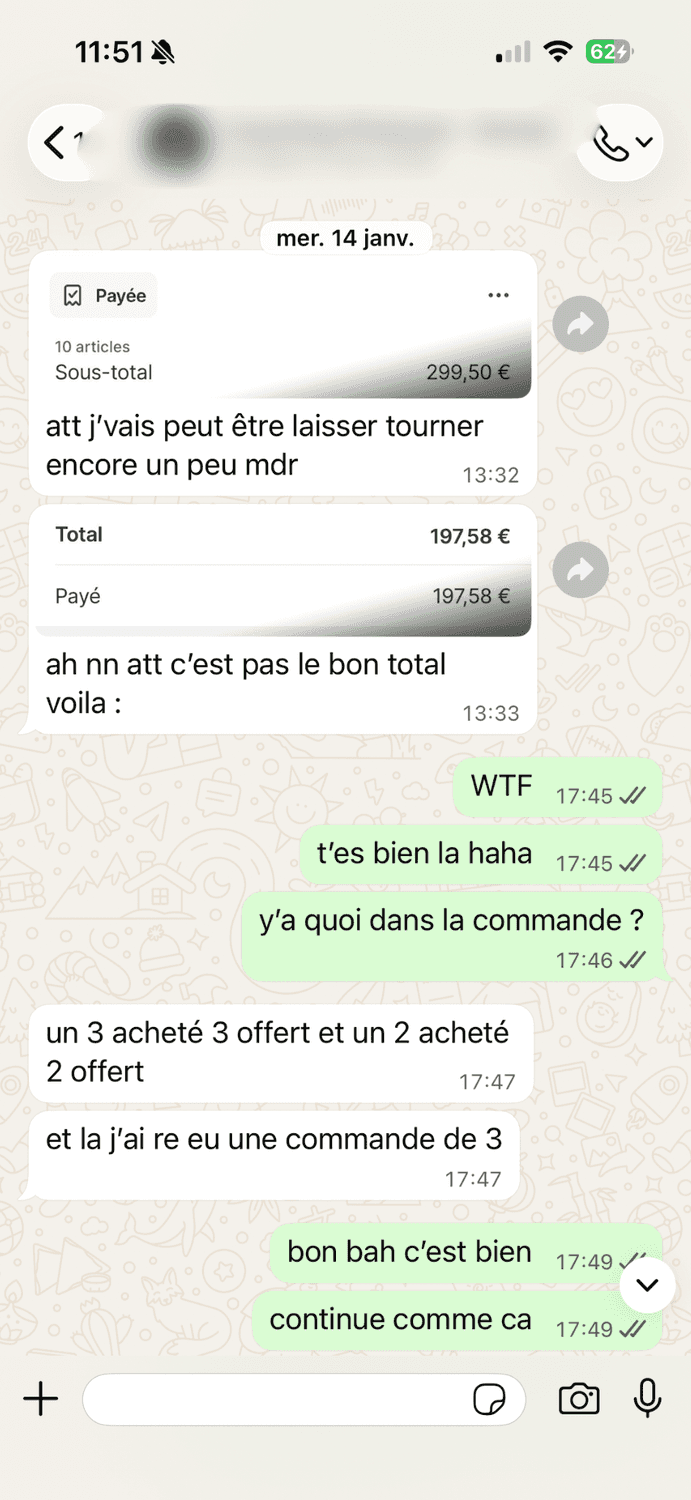 Message d'un élève, commande reçue sur sa boutique